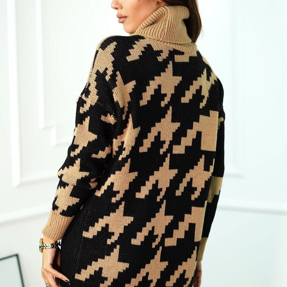 CAMEL & BLACK DOGTOOTH PRINT SWEATER DRESS - Picture 8 of 10